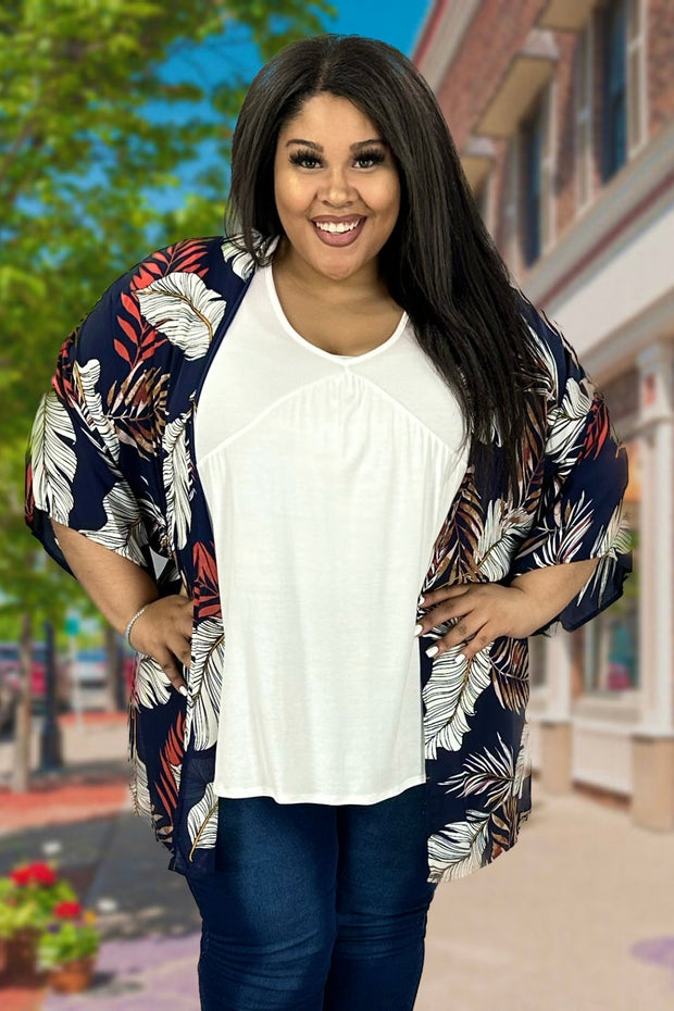 41 OT-A {Show You How} Navy Leaf Print Kimono PLUS SIZE XL 2X 3X