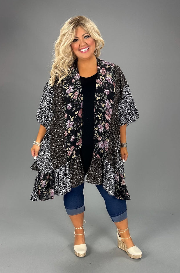 34 OT-L {I Am Here} Umgee Black Mulit-Print Kimono PLUS SIZE XL/1X  1X/2X