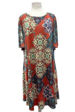 54 PSS-A {Duly Noted} Rust Print Dress EXTENDED PLUS SIZE 3X 4X 5X