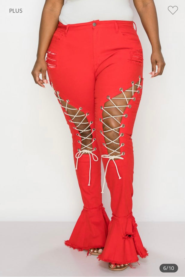 Leg-59 {The Map}  Red Front Lace Up Distressed Pants PLUS SIZE 1X 2X 3X