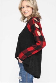 37 OS-A {Evening Away}  Black Red Plaid Cut Sleeve Top PLUS SIZE XL 2X 3X