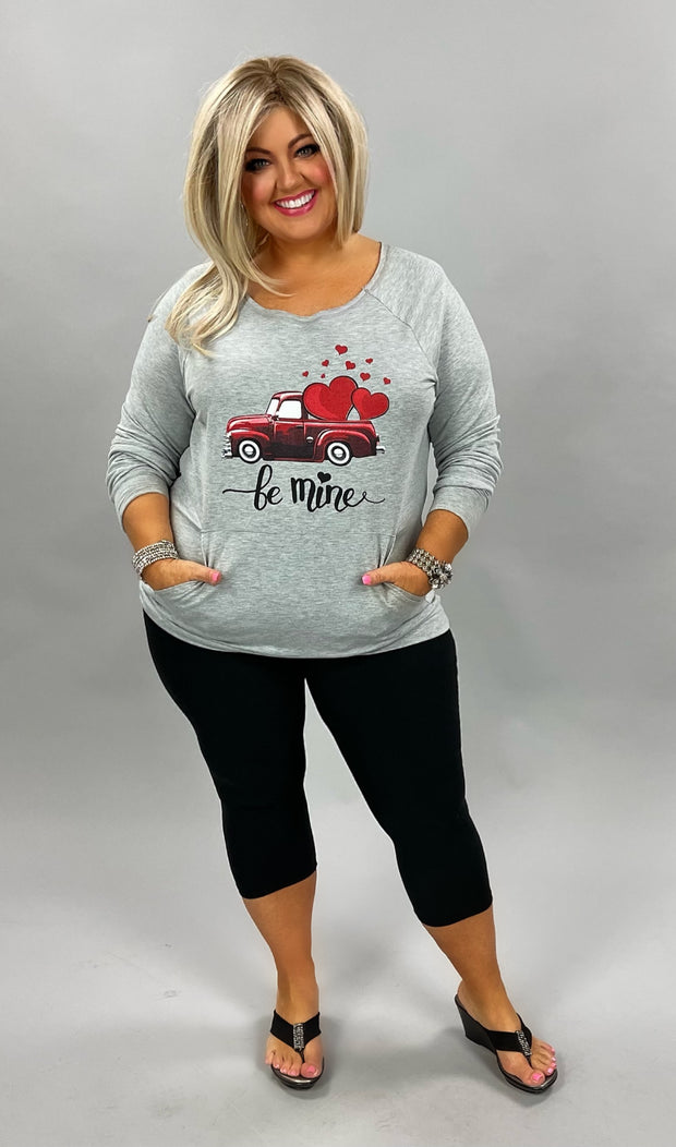 GT-B {Fun Love}  French Terry Gray Top with Red Pick-Up Truck Full Of Hearts