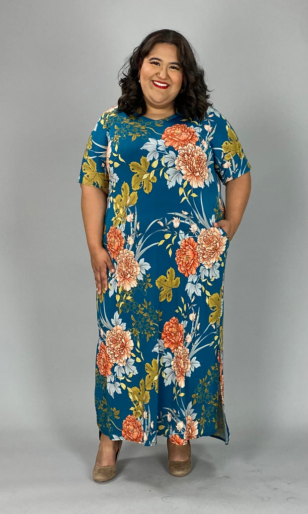 LD-Z {Dressed In Love} Teal Floral V-Neck Maxi Dress EXTENDED PLUS SIZE 3X 4X 5X