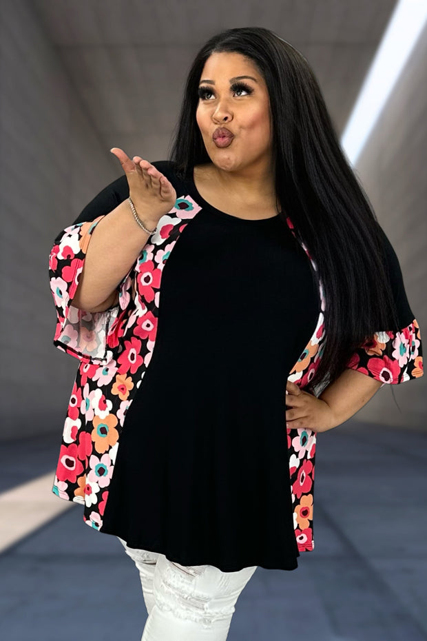 90 CP-I {Daisy Mae} Black Tunic w/Fuchsia Daisy Contrast CURVY BRAND!!!  EXTENDED PLUS SIZE 4X 5X 6X