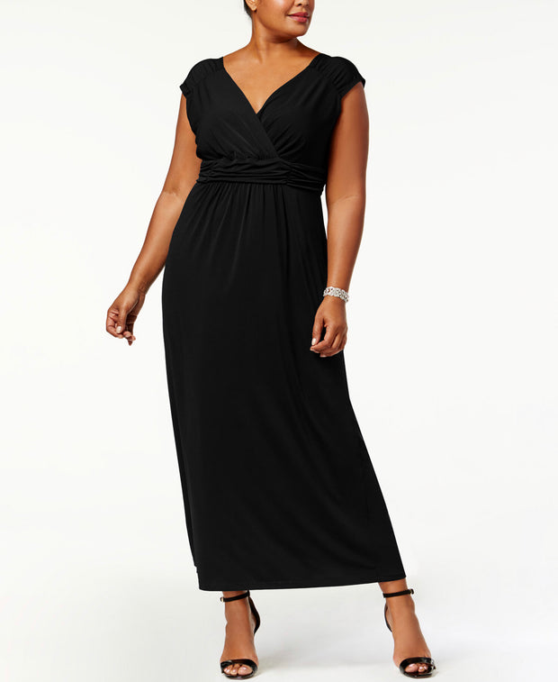M-109 {N.Y Collection} Black Ruched Maxi Dress