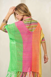 89 OT-X {Ocean Drive} Neon Multi-Color Cover Up w/Fringe PLUS SIZE 1X 2X  3X