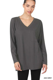 31 SLS-F {Ease Your Mind} Ash Grey V- Neck Top w/Pocket PLUS SIZE 1X 2X 3X