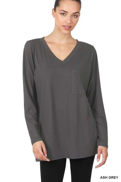 31 SLS-F {Ease Your Mind} Ash Grey V- Neck Top w/Pocket PLUS SIZE 1X 2X 3X