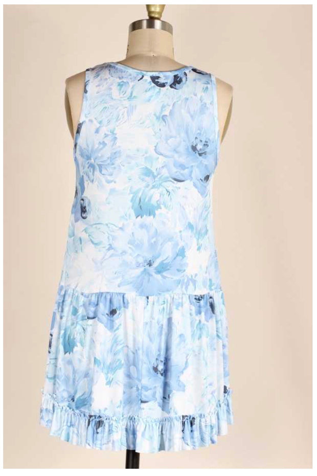 SV-D {A Little Flirtatious} Blue Floral ***SALE***Sleeveless Ruffle Hem Top PLUS SIZE 1X 2X 3X