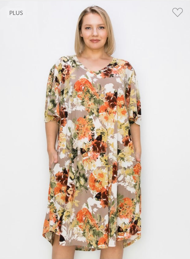 83 PSS-A {Posing For The Camera} Taupe Rust Floral Dress EXTENDED PLUS SIZE 3X 4X 5X