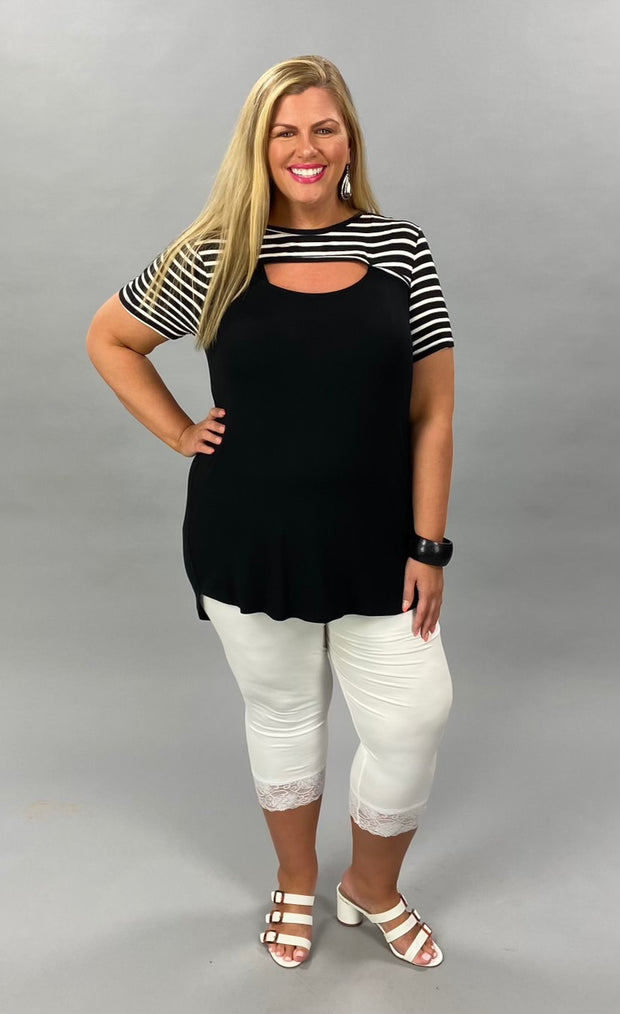 72 CP-B {Low Key Vibes} SALE!! Striped Black Tunic W/Key Hole Plus Size 1X 2X 3X