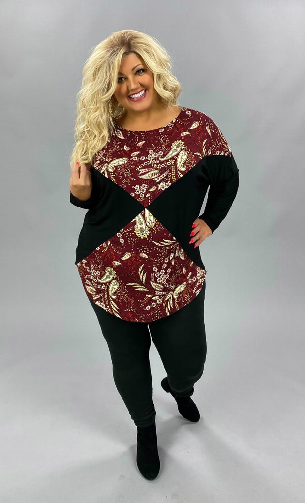 CP-P {Harvest Blessing}  Maroon Black Paisley Print Top PLUS SIZE XL 2X 3X