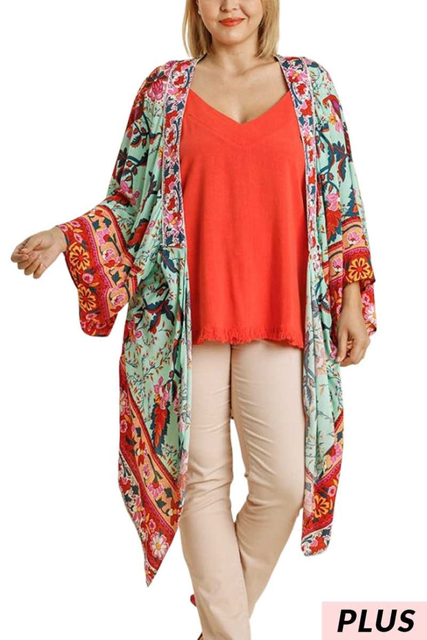 98 OT-O {My Challenge} Umgee Mint Floral Kimono PLUS SIZE XL/1X  1X/2X