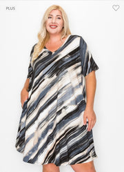 97 PSS-J {Clean Slate} Charcoal Print V-Neck Dress EXTENDED PLUS SIZE 3X 4X 5X