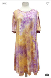 81 PSS-A {Color My Day} Yellow Tie Dye Dress W/Pockets PLUS SIZE 1X 2X 3X