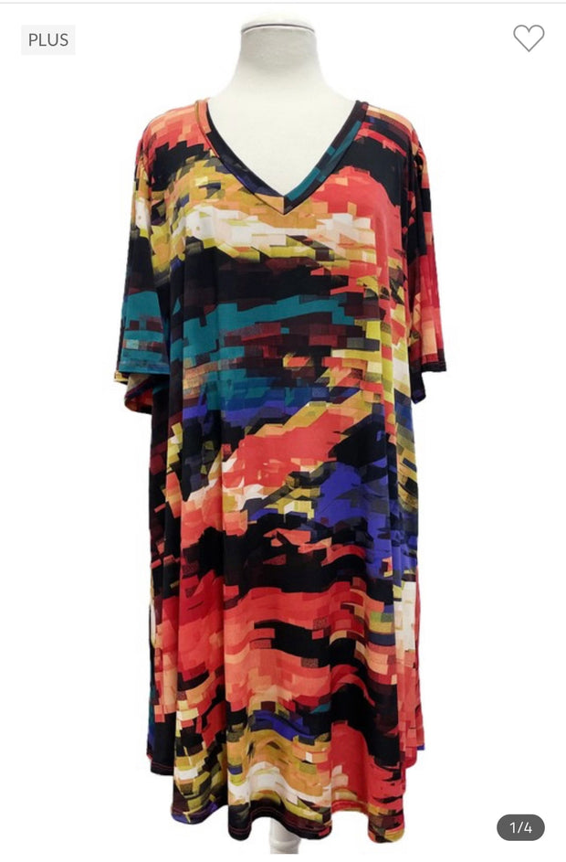 53 PSS-M {Be Like That} Red Jade Multi V-Neck Dress EXTENDED PLUS SIZE 3X 4X 5X