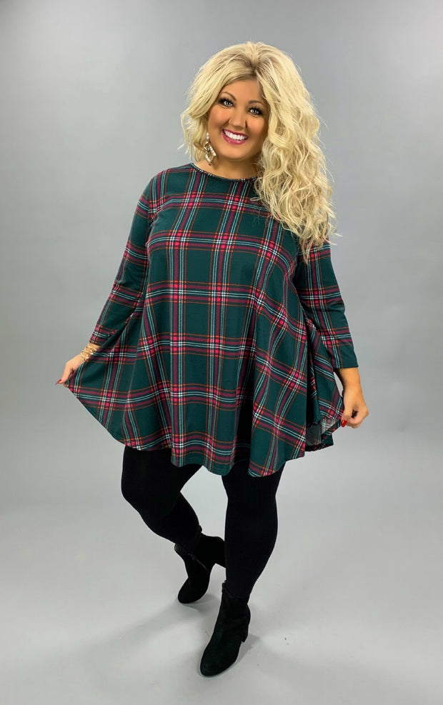 PQ-Z {Holiday Cottage}  ***FLASH SALE***Green Pink Rust Plaid Round Hem Tunic PLUS SIZE XL 2X 3X