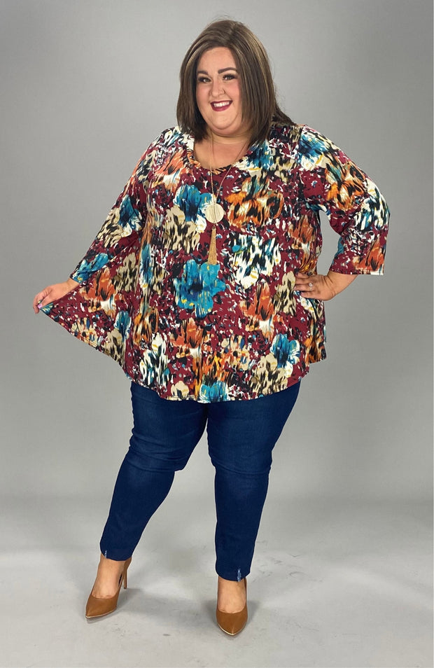 36 PQ-L {Feeling Friendly} Burdundy Floral Top EXTENDED PLUS SIZE 3X 4X 5X