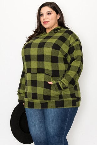 85 HD-A {Shake The Frost} Green Plaid Hoodie w/Pocket EXTENDED PLUS SIZE 3X 4X 5X