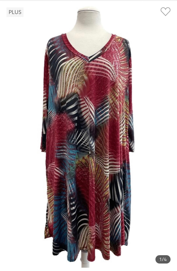 61 PQ-B {Fine By Me} Red Print V-Neck Dress SALE!!! EXTENDED PLUS SIZE 3X 4X 5X