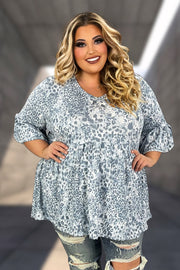 54 PSS-I {Magnificent Leopard} Blue Leopard Babydoll Top EXTENDED PLUS SIZE 3X 4X 5X