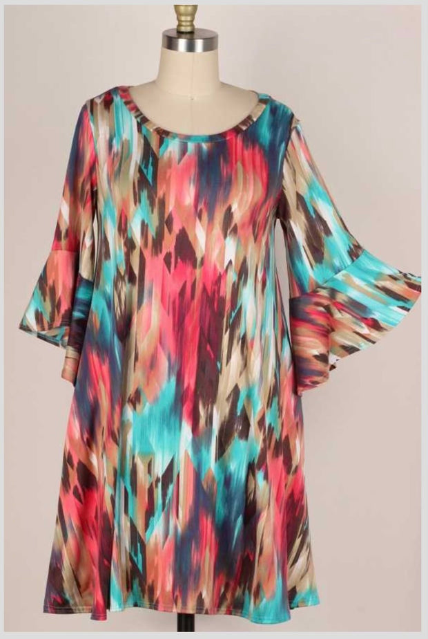 88 PQ-V {Close Attention} Multi-Color Bell Sleeve Dress PLUS SIZE 1X 2X 3X  SALE!!!!