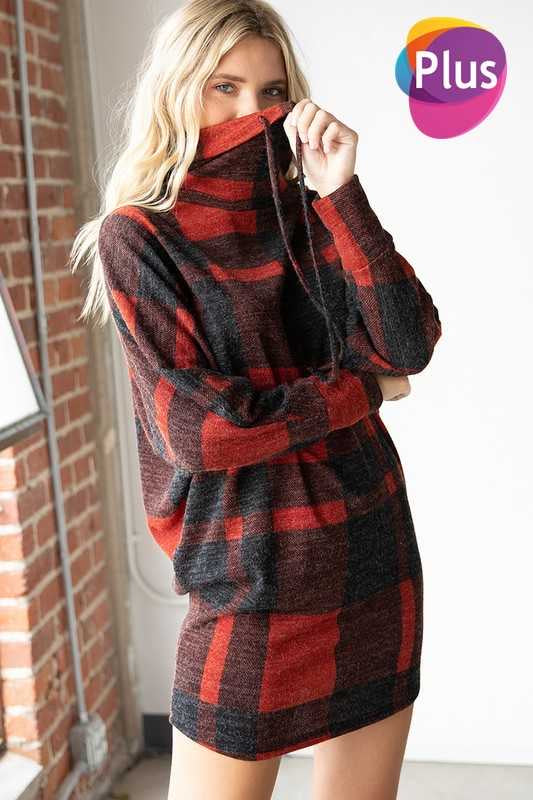 23 PLS-A {State Of Grace} Red Plaid Cowl Neck Tunic PLUS SIZE XL 2X 3X