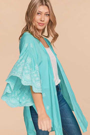 21 OT-R {Peaceful and Pretty} Mint/White Embroidery Kimono PLUS SIZE XL 2X 3X