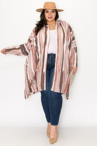 52 OT-B {Artful Pursuits} Mauve Striped Hooded Cardigan EXTENDED PLUS SIZE 3X 4X 5X