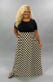 LD-C {Checker Board} Black/Cream Checkered Print Maxi Dress PLUS SIZE 1X 2X 3X