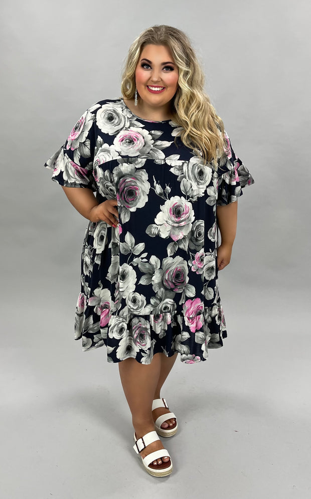 55 PSS-A {You Are In Control} Navy Floral Dress w/ Pockets PLUS SIZE 1X 2X 3X