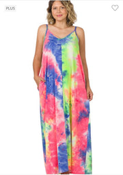 LD-O {The Fatima} Pink/Multi Color Tie Dye Maxi Dress PLUS SIZE 1X 2X 3X