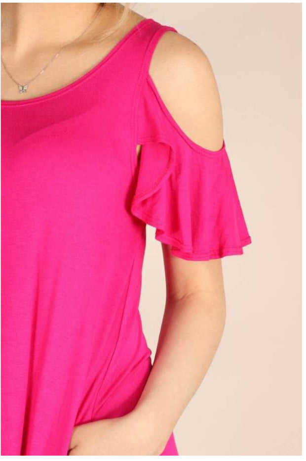 OS-A {Town Outing} Fuchsia Open Shoulder Dress W/Pockets PLUS SIZE 1X 2X 3X