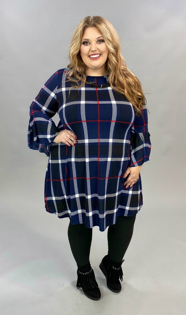 PLS-N {More Than Mine} Navy Ivory Plaid Bell Sleeve Dress PLUS SIZE XL 2X 3X