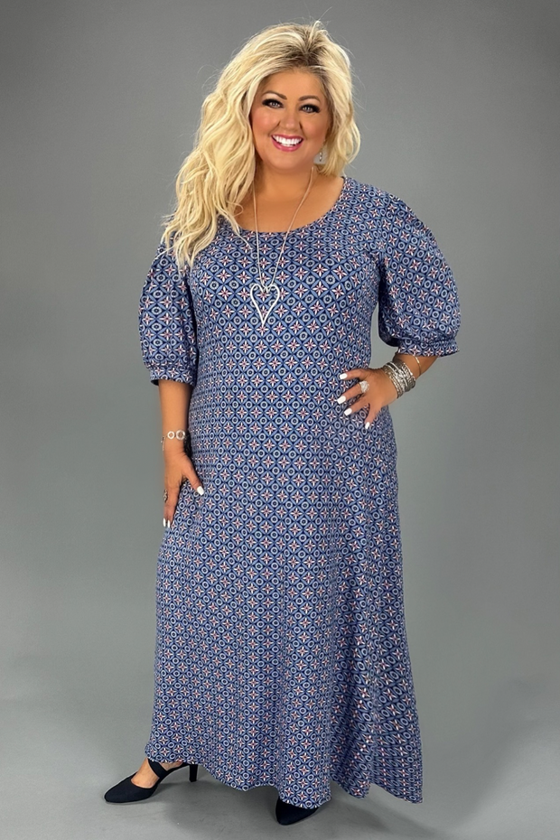 LD-Q {Flying Free} Navy Print Midi Dress PLUS SIZE 1X 2X 3X