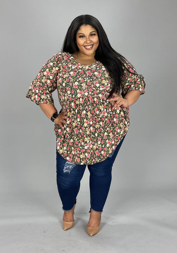 30 PSS-E {Got Me Wondering} Olive Floral Babydoll Top EXTENDED PLUS SIZE 3X 4X 5X