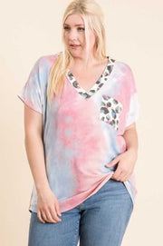 29 OR 33 CP-H {Move Over} Pink/Blue Tie Dye Leopard Top PLUS SIZE XL 2X 3X