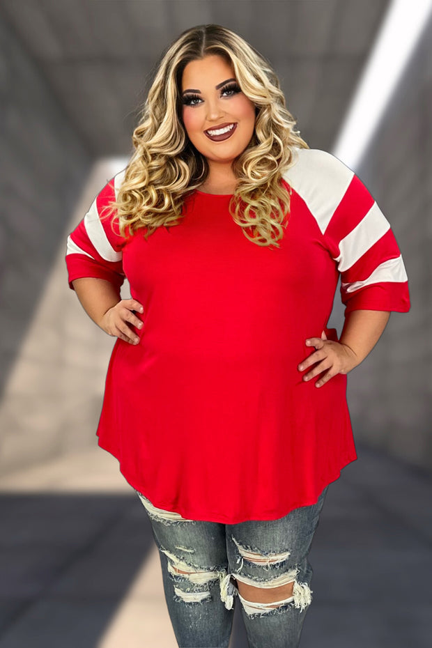 90 CP-D {Curvy Hanging Out} Red Tunic w/Striped Sleeve CURVY BRAND!!!  EXTENDED PLUS SIZE XL 2X 3X 4X 5X 6X
