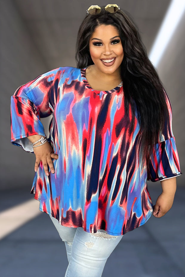 95 PQ-J {Not Camera Shy} Blue/Red Print V-Neck Top PLUS SIZE XL 2X 3X