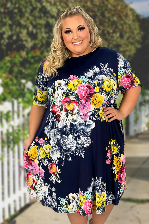 81 PSS-A {Floral Finesse} Navy Floral Dress w/Pockets EXTENDED PLUS SIZE 3X 4X 5X