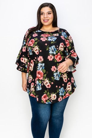 65 PSS-0 {Likely Story} Black Floral Tunic w/Ruffled Sleeve EXTENDED PLUS SIZE 3X 4X 5X