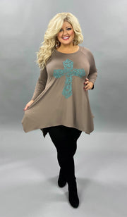 32 GT-B {Don't Cross Me} Mocha Teal Cross Detail Top PLUS SIZE XL 2X 3X