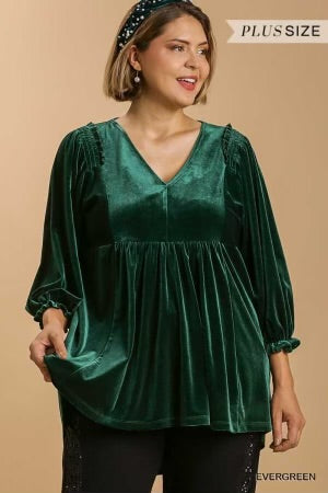 15 SQ-B {Back In Town} Umgee Evergreen Velvet Babydoll Top PLUS SIZE XL 1X 2X