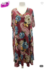 55 PSS-F {Wine Garden} Wine Floral V-Neck Dress EXTENDED PLUS SIZE 3X 4X 5X