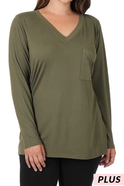 31 SLS-H {Ease Your Mind} Dk. Olive V-Neck Top w/Pocket PLUS SIZE 1X 2X 3X