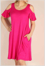 OS-A {Town Outing} Fuchsia Open Shoulder Dress W/Pockets PLUS SIZE 1X 2X 3X