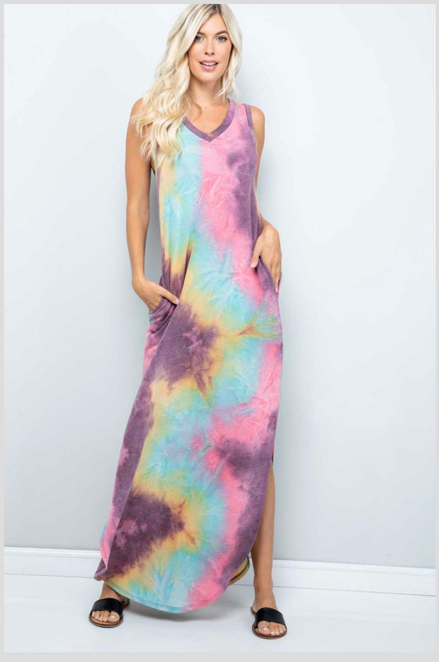 LD-A {My Rainbow}  SALE! Tie Dye V-Neck Maxi Dress PLUS SIZE 1X 2X 3X