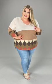 56 CP-J {Unexpected Treat}  Brown V-Neck Print Top PLUS SIZE 1X 2X 3X