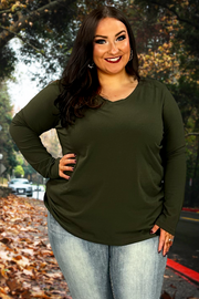 88 SLS-D {Keeping It Together} Dk. Olive V-Neck Top PLUS SIZE 1X 2X 3X