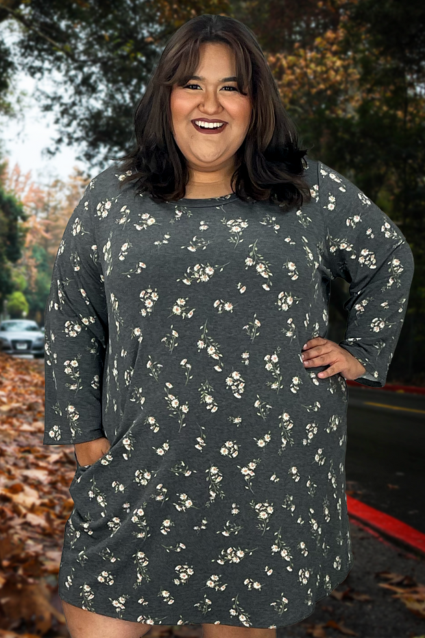 53 PQ-Q {Late Bloomer} Charcoal Floral Tunic W/Pockets CURVY BRAND!!! EXTENEDED PLUS SIZE 1X 2X 3X 4X 5X 6X